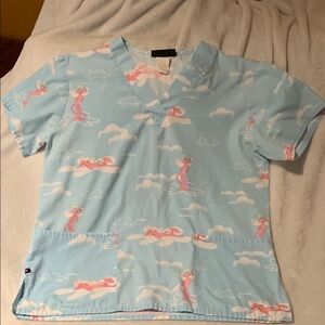 Gently Loved Light Blue Scrub Top with Pink Panther Design